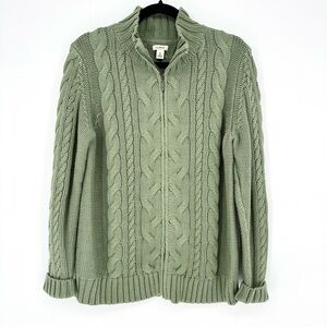 L.L. Bean Cabled Sage Green 100% Cotton Full Zip Chunky Cardigan Sweater Size XL